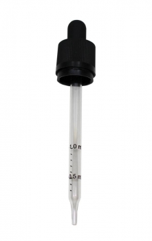 Pipettenmontur mit Spitze, Mündung DIN18 schwarz matt mit Originalitätsverschluss, Skala bis 1ml, für 100ml Liquidflaschen.